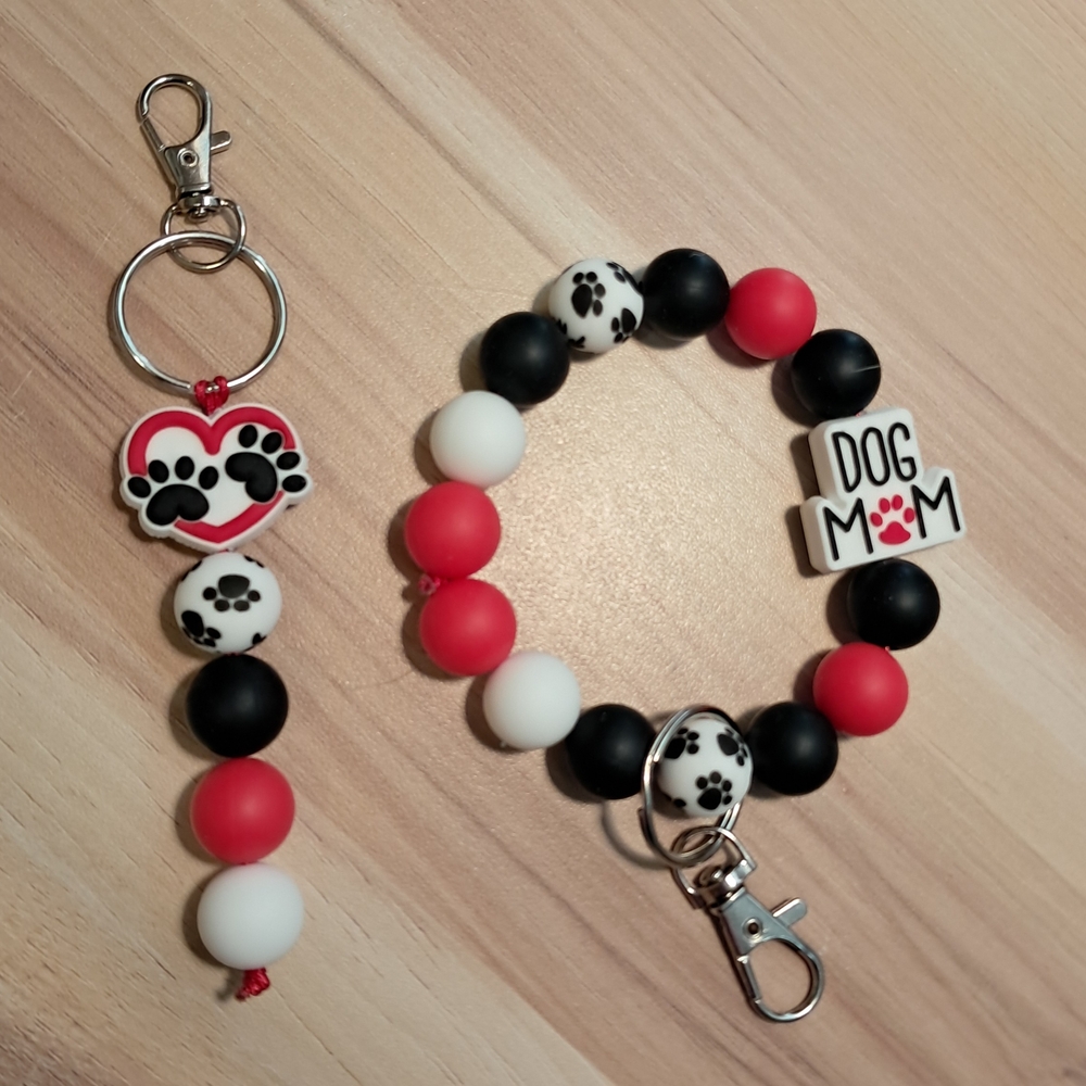 Dog Mom Paw Print Keychain and Bracelet Set - Red, Black, White